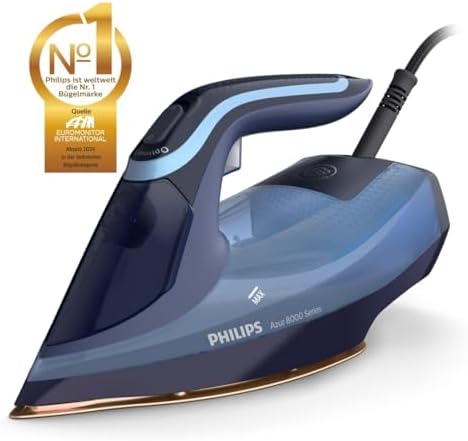 Philips Azur 8000 Serie Dampfbügeleisen   85 g/min Dauerdampf, 260 g Turbo Dampfstoß, 3000 W, OptimalTEMP Technologie, SteamGlide Elite Bügelsohle, Dunkelblau (DST8050/20)