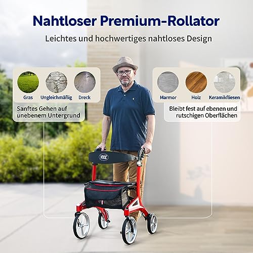 VOCIC Z71 Rollator faltbar und leicht mit Sitz Wasserdicht Aluminium Rollator leicht klappbar für Senioren Rollatoren leichtgewicht und faltbar spezial, Pannensichere All Terrain PU Reifen, Rot : Drogerie &amp; Körperpflege