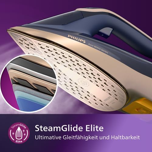 Philips Azur 8000 Serie Dampfbügeleisen   85 g/min Dauerdampf, 260 g Turbo Dampfstoß, 3000 W, OptimalTEMP Technologie, SteamGlide Elite Bügelsohle, Dunkelblau (DST8050/20)