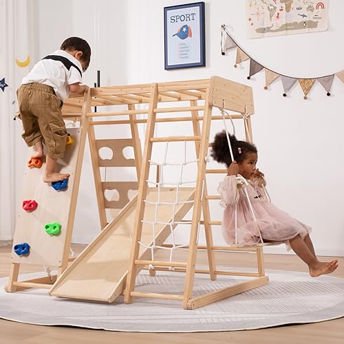 Giant bean klettergerüst Indoor, Mittelgroßer Indoor Spielplatz, Klettergerüst für Kinder im Alter von 2 bis 5 Jahren, Kleinkinder Kletterspielzeug 8 in 1 mit Rutsche, Kletterwand, Kletterseil : Spielzeug
