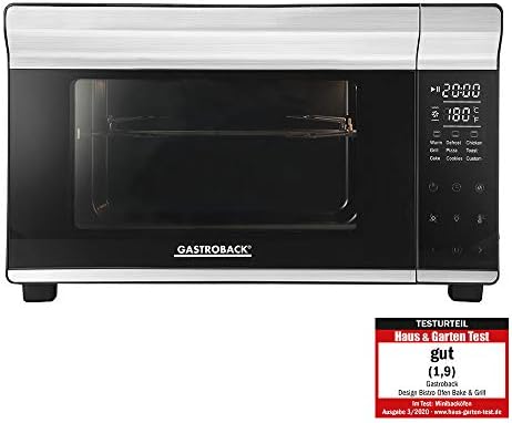 GASTROBACK Design Mini Backofen Bake &amp; Grill   Minibackofen mit Umluft, 26 L, 5 Funktionen bei 30°C   230°C, Cool Touch Gehäuse   30 cm Ø Pizzastein, Backblech, Grillrost und Grillspieß