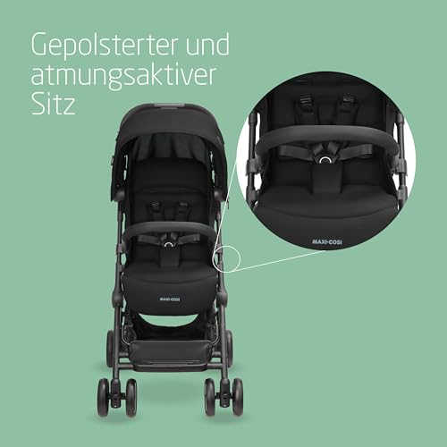 Maxi Cosi Lara2 Baby Kinderwagen, 0–4 Jahre, 0–22 kg, federleichter, kompakter Buggy, 3 Liegepositionen, flache Liegeposition, klein zusammenklappbar, Schultergurt, Essential Black : Baby