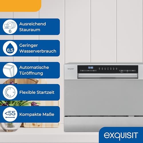 Exquisit Mini Geschirrspüler, Tischspülmaschine, 55 cm breit, spülmaschine klein, Auto Türöffner, ECO Modus, GSP5206 030D silber : Elektro Großgeräte