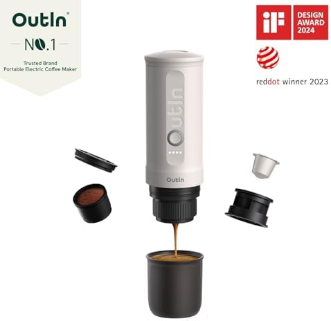 OutIn Nano tragbare elektrische Espressomaschine, Camping Kaffeemaschine, Selbsterhitzung mit USB C, kompatibel mit gemahlenem Kaffee &amp; NS Kapsel