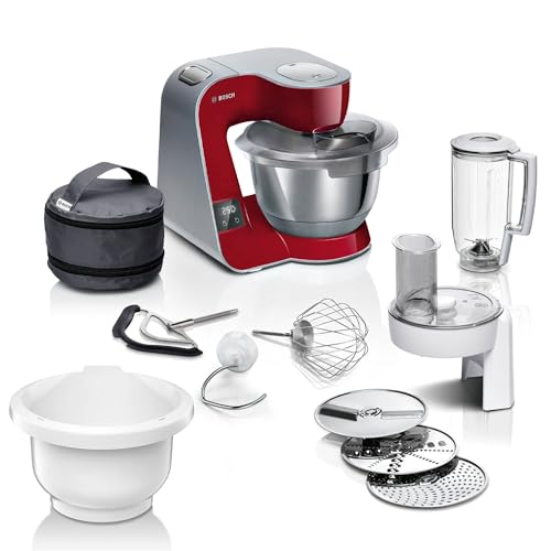 Bosch Küchenmaschine Serie 4 MUM5X734, integrierte Waage, Edelstahl Schüssel 3,9 L, Mixeraufsatz 1,25 L, Kunststoff Schüssel, Planetenrührwerk, Rühr Set, Durchlaufschnitzler, 1000 W, dunkelrot/silber