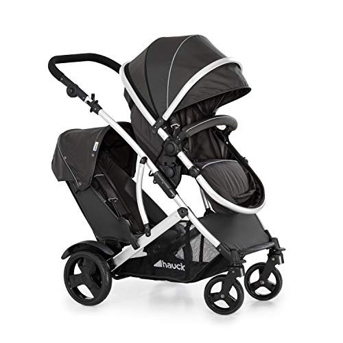 hauck Duett 2 Geschwisterwagen inkl. Regenschutz für Kinder bis je 15 kg, Hauptsitz umbaubar zur Babywanne ab Geburt mit Liegeposition, Zweitsitz Abnehmbar, Höhenverstellbar (Black Forest) : Baby