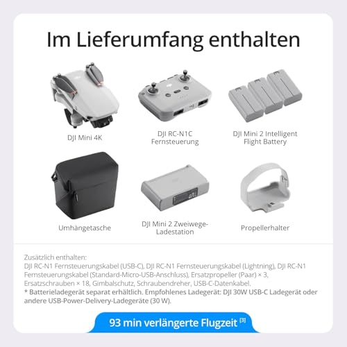 DJI Mini 4K Fly More Combo, Drohne mit UHD Kamera 4K für Anfänger, Unter 249 g, 3 Achsen Gimbal Stabilisierung, 10km Videoübertragung, Autom Rückkehr, 3 Akkus für 93 min Flugzeit : Spielzeug