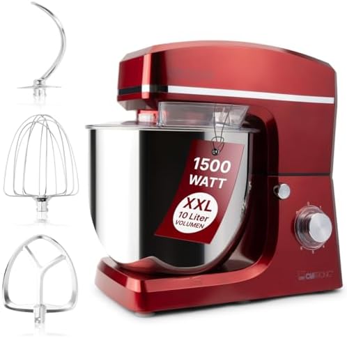 Clatronic® XXL Küchenmaschine zum backen | Große Knetmaschine 10L | Starker 1500W Motor | Teigmaschine mit Haken &amp; Schneebesen | XXL Teigknetmaschine Spritzschutz   Nachfüllöffnung | KM 3765 rot