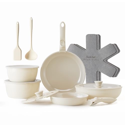 Redchef Topfsets Pfannenset 16 Teilig Antihaft Keramik Kochgeschirr Set mit Abnehmbaren Griffen, Pfanne 20/26cm, Tiefe Bratpfanne 26cm, Topf 18/20cm, Stapelbar Topfset Für alle Herdarten, Ofenfest
