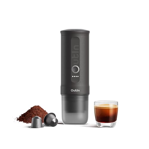 OutIn Nano tragbare elektrische Espressomaschine, Camping Kaffeemaschine, Selbsterhitzung mit USB C, kompatibel mit gemahlenem Kaffee &amp; NS Kapsel