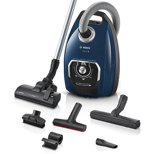 Bosch Staubsauger mit Beutel Serie 8 BGB75X494, Bodenstaubsauger, ideal für Allergiker, Hygiene Filter, Bodendüse für Parkett, Teppich, Fliesen, langes Kabel, leise, 650 W, blau