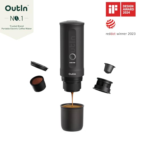 OutIn Nano tragbare elektrische Espressomaschine, Camping Kaffeemaschine, Selbsterhitzung mit USB C, kompatibel mit gemahlenem Kaffee &amp; NS Kapsel