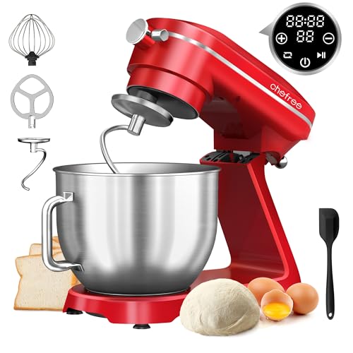 Chefree Knetmaschine Profi Küchenmaschine,7L Schüssel mit 3 Rührwerkzeuge, 1800W,LED Touchscreen,10 Stufen,Knethaken Rühr  &amp; Schneebesen,Planetenrührwerk,Rot,M500
