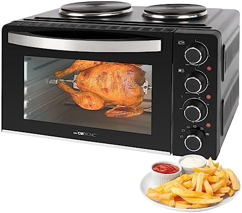 Clatronic® Mini Backofen mit Kochplatten und Drehspieß | gleichzeitig kochen u. backen | Minibackofen 28L Umluft Ober /Unterhitze 100° 230°C | Elektrischer Mini Ofen 3100 Watt inkl. Zubehör | KK 3786