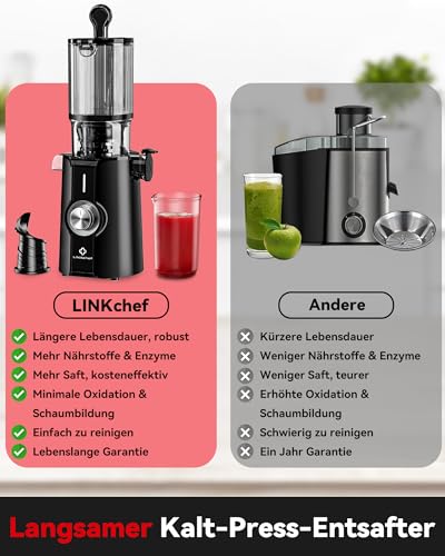 LINKChef Schnellreinigungs Entsafter, NO Prep Entsafter Gemüse und Obst, Blitzreiniger Saftpresse Slow Juicer Testsieger mit Einfacher Installation, BPA Frei, 115mm, 1.2L, 200w Schwarz : Küche, Haushalt &amp; Wohnen