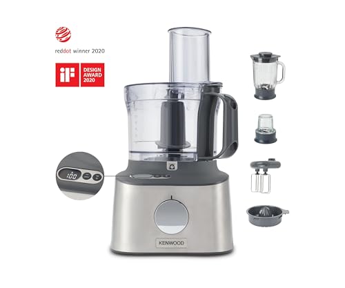 Kenwood Multipro Compact  FDM313SS Kompakt Küchenmaschine, 2,1 Liter, Integrierte Waage, Edelstahl Messer, 3 Arbeitsscheiben und 6 weitere Zubehör Teile, Metallgehäuse, 800 Watt, silber