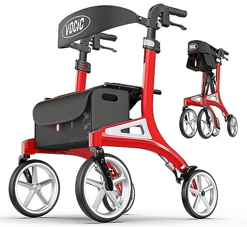 VOCIC Z71 Rollator faltbar und leicht mit Sitz Wasserdicht Aluminium Rollator leicht klappbar für Senioren Rollatoren leichtgewicht und faltbar spezial, Pannensichere All Terrain PU Reifen, Rot : Drogerie &amp; Körperpflege