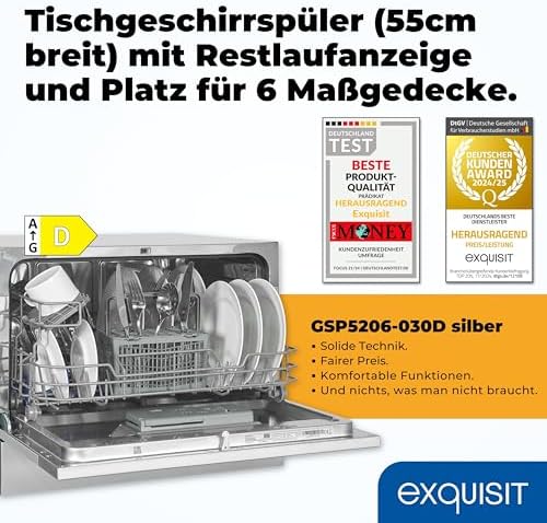 Exquisit Mini Geschirrspüler, Tischspülmaschine, 55 cm breit, spülmaschine klein, Auto Türöffner, ECO Modus, GSP5206 030D silber : Elektro Großgeräte