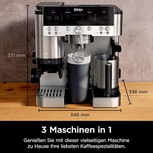 Ninja Luxe Premier 3-in-1 Kaffeemaschine ES601EU, Integriertes Mahlwerk & Milchaufschäumer, Espresso, Latte & Cold Brew, Silber