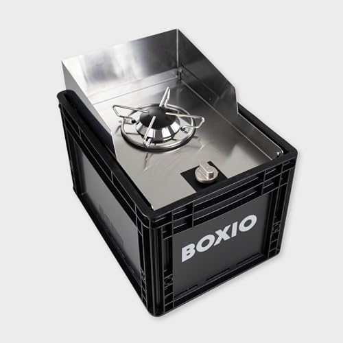 BOXIO   COOK: Edelstahl All in One Campingkocher mit Stauraum &amp; Windschutz, Gaskartuschen Campingkocher für Camping, Outdoor, Vanlife &amp; als Kartuschenkocher im mobilen Verkaufsstand auf dem Markt : Sport &amp; Freizeit