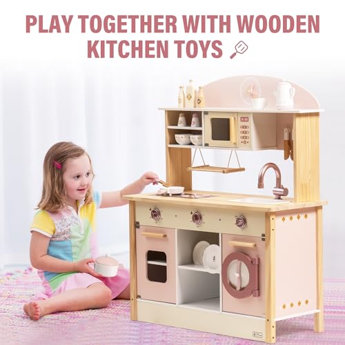ROBUD Holz Kinderküche für Jungen und Mädchen ab 3 Jahren | Rollenspiel | Küchenzubehör Set | in Rosa | groß: Spielzeug