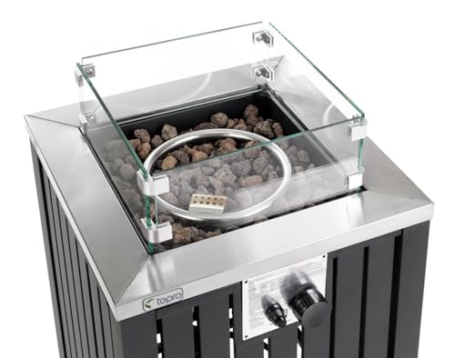 tepro Gas Feuerstelle Topeka für den Garten aus pulverbeschichtetem Edelstahl mit 13 kW Brenner, Glasumrandung sowie Lavasteinen und Abdeckhaube, Maße ca. 50 x 50 x 78 cm : Garten