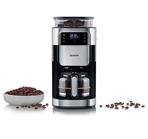 SEVERIN Kaffeemaschine mit Mahlwerk, Kaffeeautomat mit Glaskanne und Timer Funktion, auch als Filterkaffeemaschine, für bis zu 10 Tassen Kaffee, 1000 Watt, schwarz/ Edelstahl, KA 4813