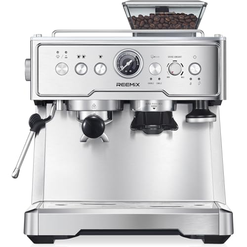 Reemix Siebträgermaschine, 20 Bar Espressomaschine/Kaffeemaschine mit integriertem Mahlwerk und Milchaufschäumer, 1350 W, 2,8 l Tank, Edelstahl/silber. Barista Kit