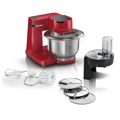 Bosch Küchenmaschine Serie 2 MUMS2ER01, Edelstahl Schüssel 3,8 L, Planetenrührwerk, Knethaken, Schlag , Rührbesen Edelstahl, Durchlaufschnitzler, 3 Scheiben, 700W, rot