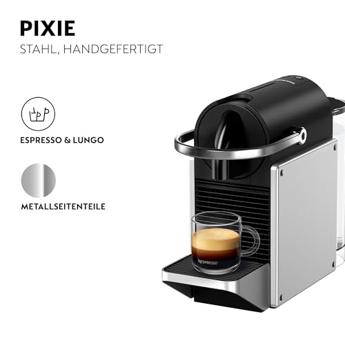 Nespresso De'Longhi Pixie EN127.S Kaffekapselmaschine, zwei Direktwahltasten, ECO Modus, kompaktes Design, 19 Bar Drucksystem, 1260W, Silber/Schwarz
