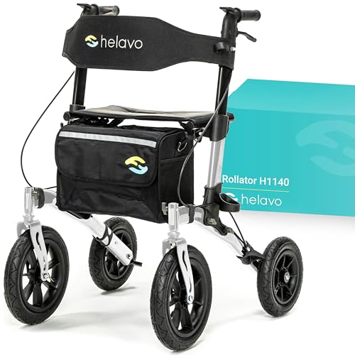 Helavo Rollator mit Pannensicheren Vollgummireifen für Draußen   Faltbarer Aluminium Outdoor Rollator mit Sitz   Maximale Mobilität &amp; Komfort im Außenbereich : Drogerie &amp; Körperpflege