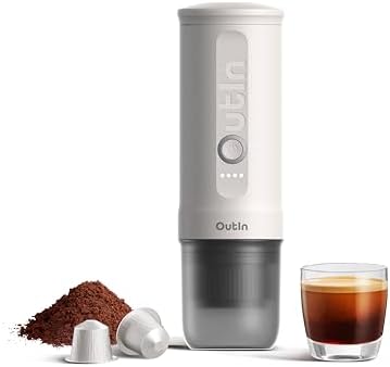 OutIn Nano tragbare elektrische Espressomaschine, Camping Kaffeemaschine, Selbsterhitzung mit USB C, kompatibel mit gemahlenem Kaffee &amp; NS Kapsel