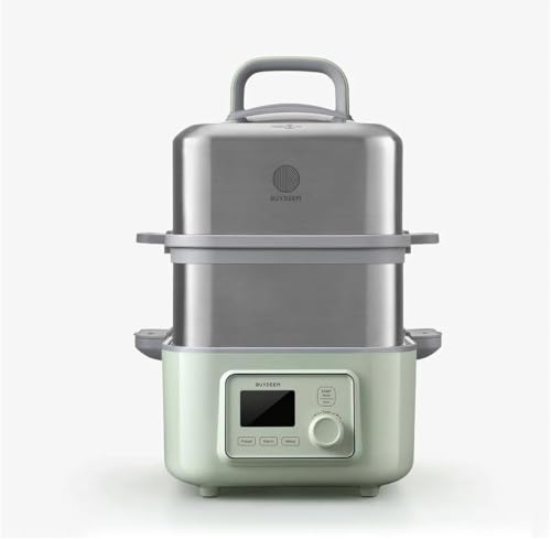 BUYDEEM All in one Food Steamer for Cooking   Stainless Steel 10L Capacity with Stew Pots and Ceramic Steaming Plate, 1500W, 6 Automatic Programs   Cozy Greenish