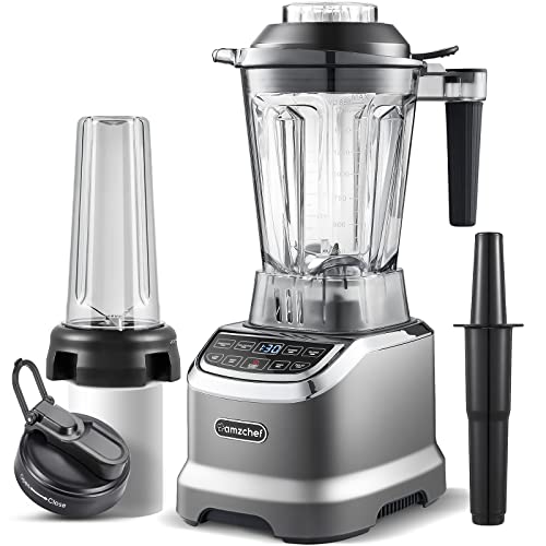 AMZCHEF 2 IN1 Mixer Hochleistungsmixer mit 1850 ml  und 600 ml Behälter für Zwei Mixmodi | Standmixer 2000 Watt mit stößel und 6 Profi Klingen 22000 Umdrehungen   Mattes Grau