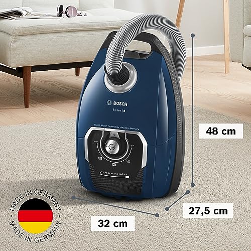 Bosch Staubsauger mit Beutel Serie 8 BGB75X494, Bodenstaubsauger, ideal für Allergiker, Hygiene Filter, Bodendüse für Parkett, Teppich, Fliesen, langes Kabel, leise, 650 W, blau