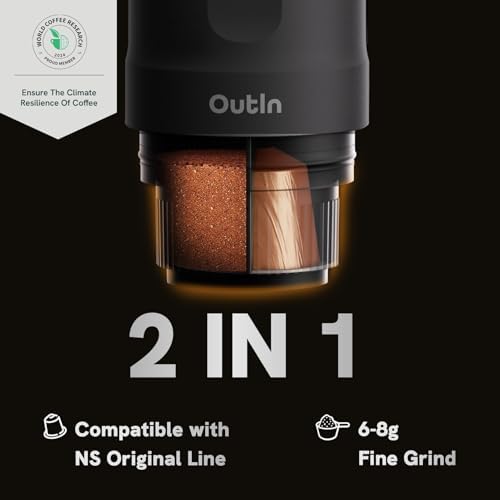 OutIn Nano tragbare elektrische Espressomaschine, Camping Kaffeemaschine, Selbsterhitzung mit USB C, kompatibel mit gemahlenem Kaffee &amp; NS Kapsel