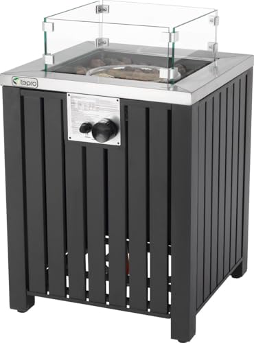 tepro Gas Feuerstelle Topeka für den Garten aus pulverbeschichtetem Edelstahl mit 13 kW Brenner, Glasumrandung sowie Lavasteinen und Abdeckhaube, Maße ca. 50 x 50 x 78 cm : Garten
