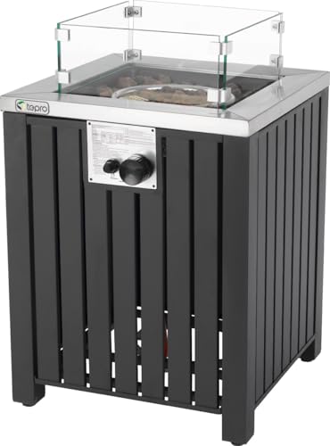 tepro Gas Feuerstelle Topeka für den Garten aus pulverbeschichtetem Edelstahl mit 13 kW Brenner, Glasumrandung sowie Lavasteinen und Abdeckhaube, Maße ca. 50 x 50 x 78 cm : Garten