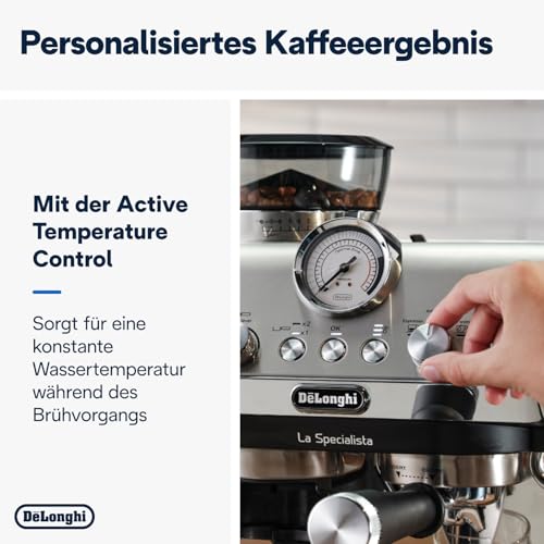 De'Longhi La Specialista Arte EC9155.MB Siebträgermaschine mit Mahlwerk, 15 Bar, 8 Mahlgrade, Inkl. Barista-Kit, Edelstahl/Schwarz